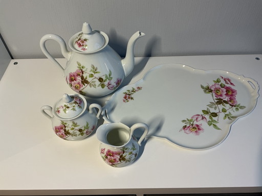 Porcelain tray with teapot, cream jug and sugar bowl (Limoges)