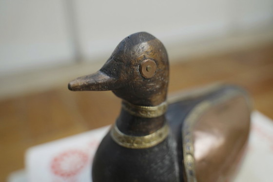 Image 1 of Hand-Carved Wood Duck Figurine with Brass Copper Inlay, Nepalese Tibetan Folk Art