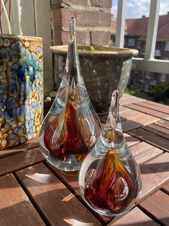 Image 1 of Ozzaro Studio-Kunstglas „Regentropfen“, signiertes orange-rotes Kristall aus Böhmen