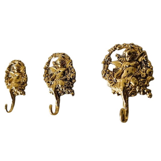 Image 1 of Vintage set of mid-century Italian hooks, baroque brass angel door hanger, 1960s