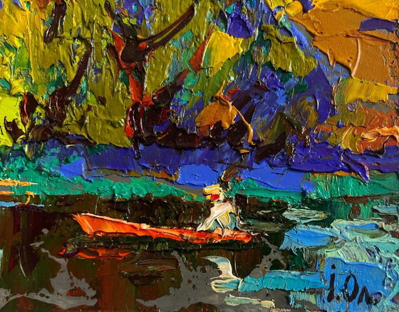 Image 1 of Original Oil Painting Summer Coastal Landscape The boat is sailing on the lake