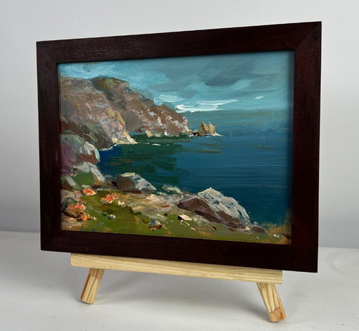 Original Oil Painting Coastal Rock Landscape Sea breeze on the shore