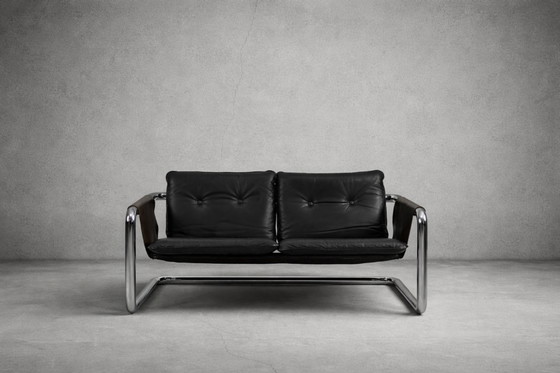 Image 1 of Vintage Brutalistische Buisvormige Metalen en Lederen Bauhaus Minimalistische Sofa 1950