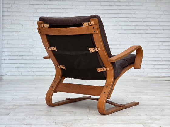 Image 1 of Fauteuil danois des années 1970 de la marque Komfort, cuir, toile et bois courbé.