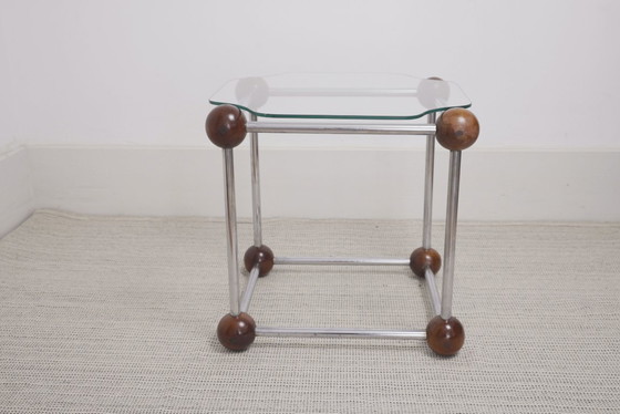 Image 1 of  Atomic MCM Side Table Vintage 1970s Mid Century Modern Space Age Chrome Glass Wood Sphere Joints Molecular Coffee Table 