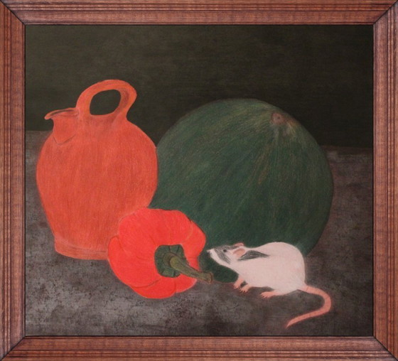 Image 1 of Artist's painting: interesting still life with a rat as the main subject among melon, pepper and water jug, unique piece