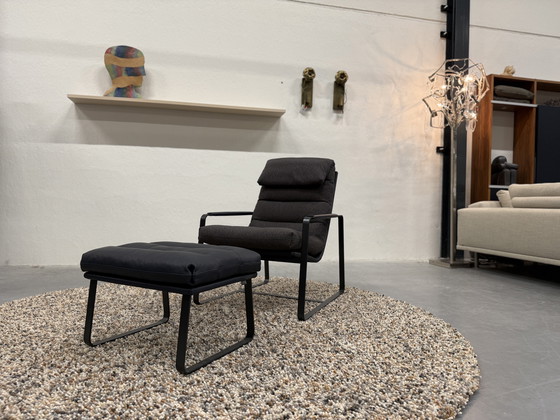 Image 1 of Leolux Indra Sessel mit Fußhocker Blauer Lederstoff