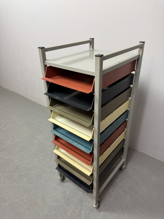 Image 1 of Mid-Century Industrial Gispen Modular Office Trolly with 9 Colorful Pull-Out Bins, The Netherlands 1960s-1970s.
