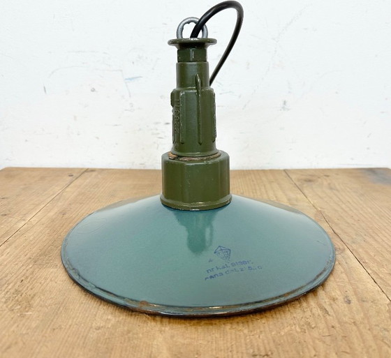 Image 1 of Industrial Petrol Enamel Military Pendant Lamp with Cast Aluminium Top, 1960s