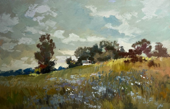 Image 1 of Original Oil Painting Gray Day Landscape Summer flower meadows