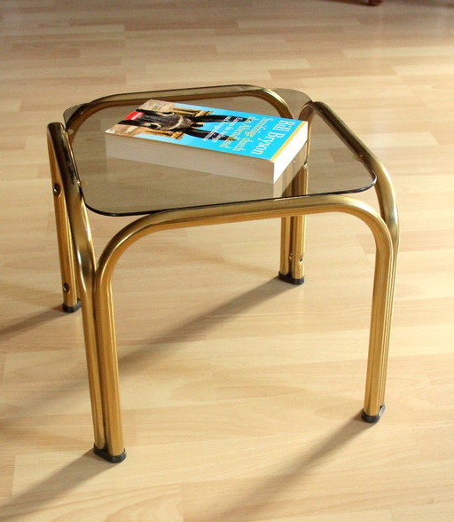 Small side table/plant stand, smoked glass, brass, vintage