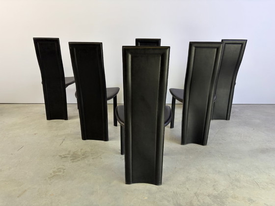 Vintage Zwart Lederen Eetkamerstoelen, Set van 6, Jaren 80 – Leather (photo 6 of 9)