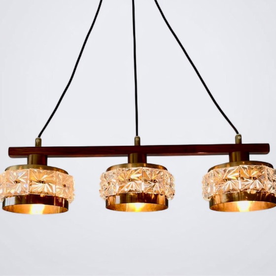 Image 1 of Mid Century, 1960s Carl Fagerlund Attributed teak & Brass Chandelier with Crystal Glass Shades