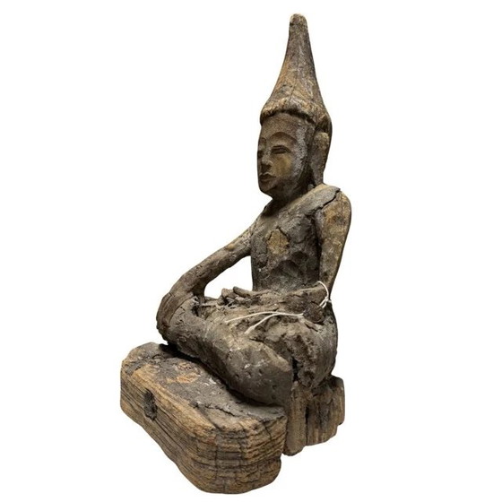 Estatua antigua de Buda Shan de madera – Birmania/Myanmar – Siglos XVIII/XIX – con antiguo sello de (photo 9 of 10)