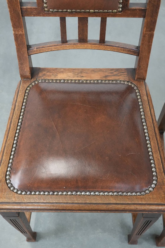 Image 1 of 4 x Antique Oak Dining Chairs in Art Nouveau Style with Cognac-Colored Cowhide Leather