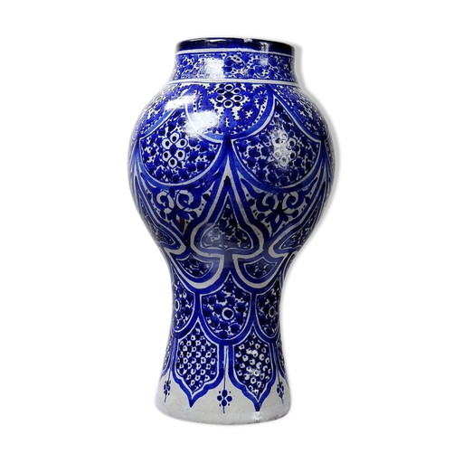 Grand vase/jarre marocain de Fès, céramique Khabia artisanale, XIXe-XXe siècle, cobalt.