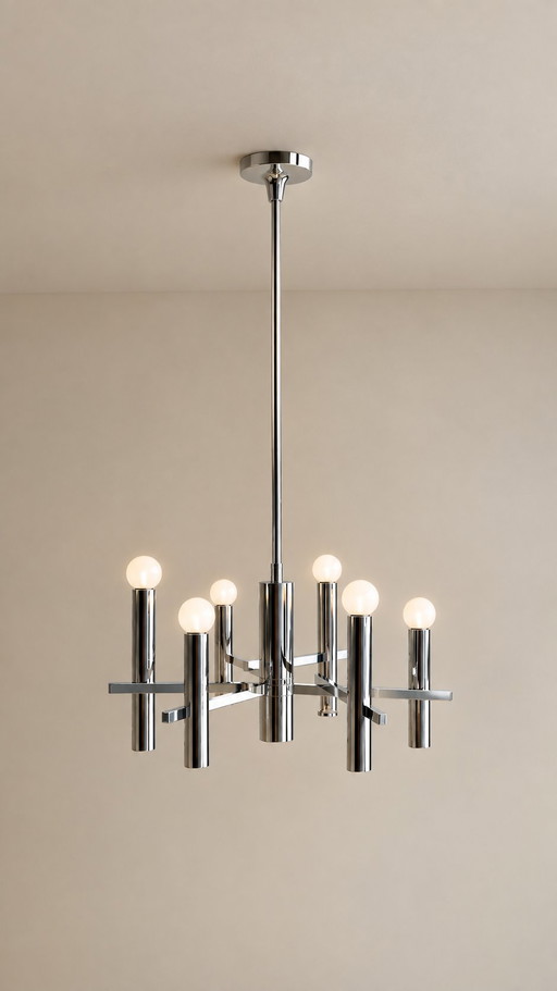 Gaetano Sciolari Six-light Chrome Chandelier, 1970’s Space Age - Geometric Brutalism.