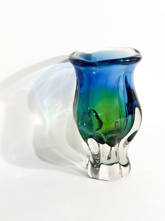 Vintage 70s Murano Sommerso Blue and Green Glass Vase (photo 3 of 7)