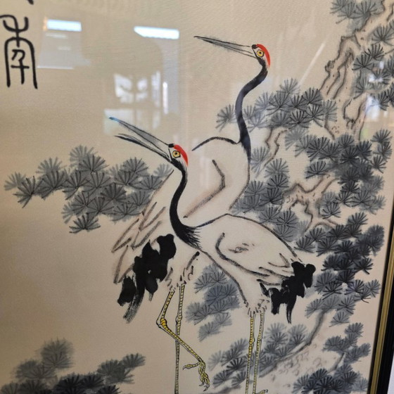 Image 1 of Traditional painting on silk with cranes