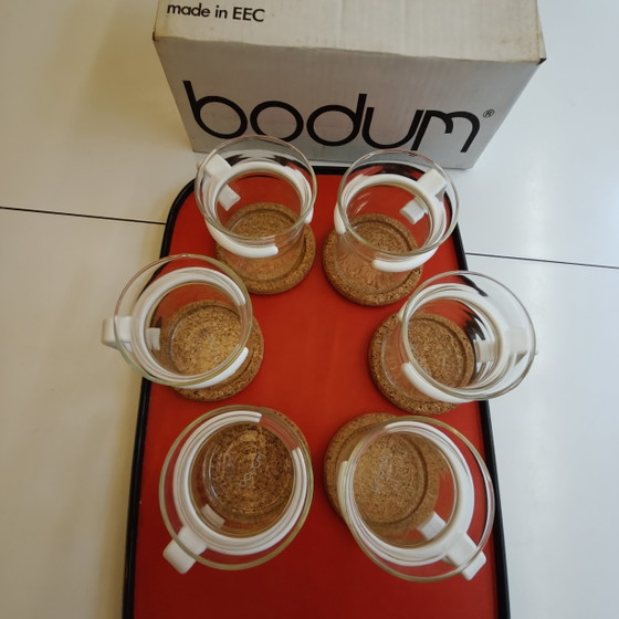 Image 1 of Vintage Bodum glazen mokkenset van 6 – Scandinavisch design – Kurken onderzetters – Gemaakt in de EEG