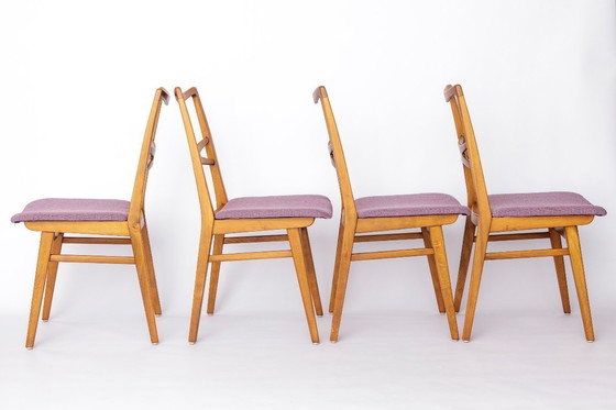 Image 1 of Set of 4 Vintage Dining Chairs, 1960s–70s German Mid-Century Modern, Beechwood Frames, Purple Upholstery