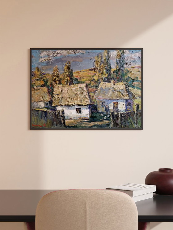 Original Ölgemälde: Ländliche Landschaft, Dorfleben Indian Summer – Gemälde & Zeichnungen, Canvas (photo 2 of 10)
