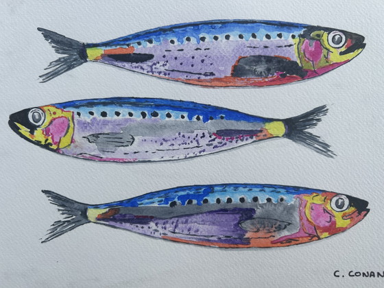 Sardines Watercolor – sennelier, Wall decoration, Cotton, Paper (photo 2 of 7)