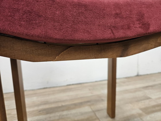 Set of four dining chairs, brown wood with red textile seats, Mid Century Modern (photo 13 of 13)