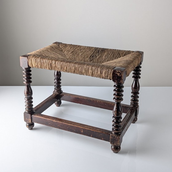 Image 1 of Spanish Provincial Bobbin-Turned Rush Bench, 1940s