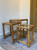set of 3 vintage bamboo side tables (nest) with glass