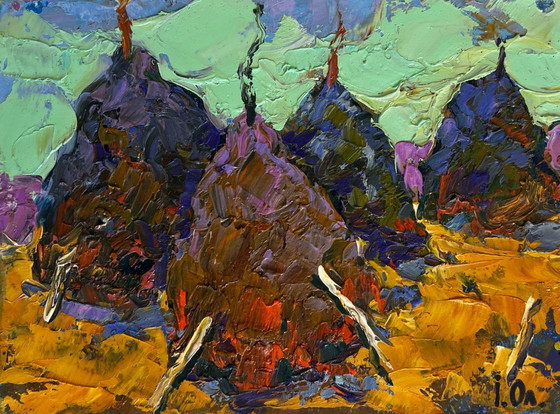 Image 1 of Original Oil Painting Summer Nature Landscape Haystacks on a golden field