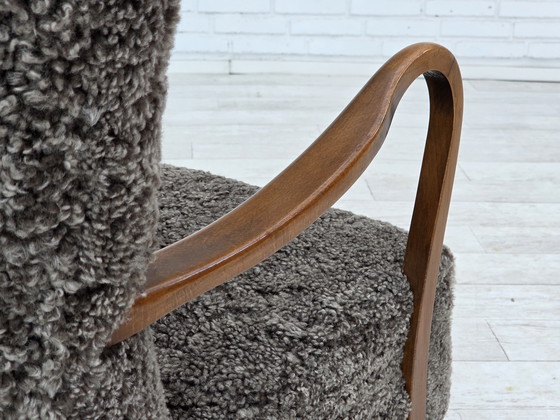 Image 1 of 1960s Reupholstered Danish Armchair with Stool, Genuine Sheepskin
