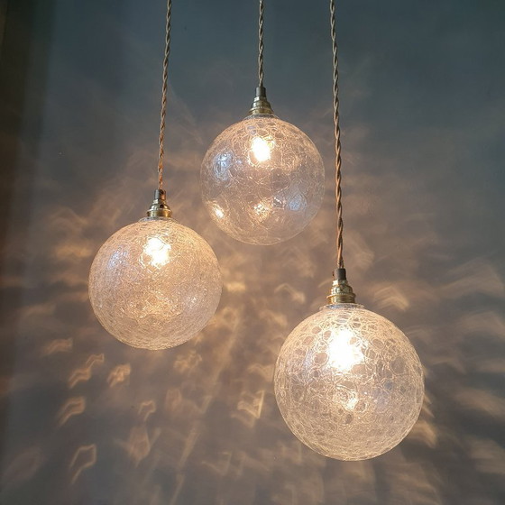 Set (3) Vintage Crackle Glass Sfera / Lampade a sospensione - Midcentury – Metal (photo 5 of 21)