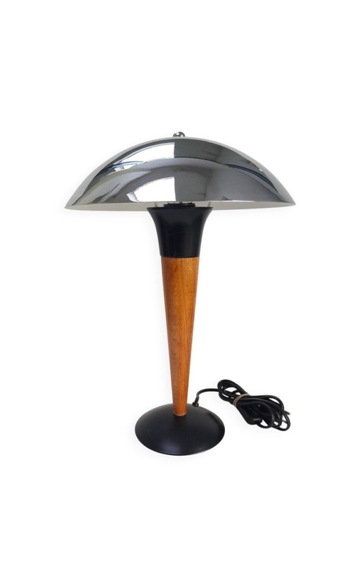 Mushroom-shaped table lamp in chrome and wood