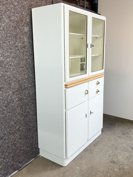 Kitchen cupboard with pull-out and bread compartment, solid wood, 1950s
