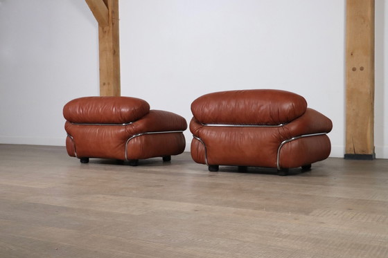 Image 1 of Paar Sesann Lounge Chairs van Gianfranco Frattini in cognac leer voor Cassina Italië 1969