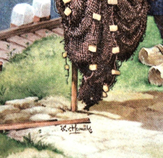 Image 1 of Piastrella in ceramica Mosa, ceramica in cornice di legno, decorazione murale, motivo: Olanda, pescatore, firmata