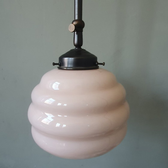 Image 1 of Long Vintage Art Deco Rose Opaline pendant lamp - hanging lamp