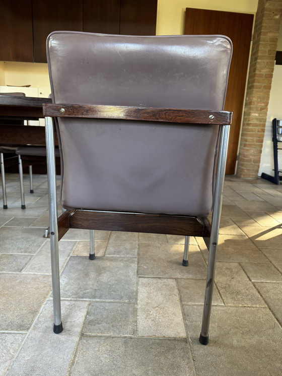 Image 1 of Eettafel-Set mit 4 Stoelen; 60er Jahre; Houten Blad; Metalen-Unterstell. Stoelen opnieuw bekleed.