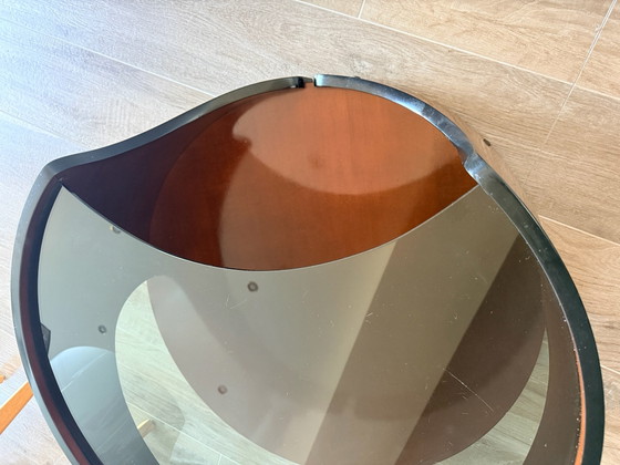 Italian Space Age Coffee Table – Smoked Glass & Curved Wood – 1970s (photo 14 of 15)