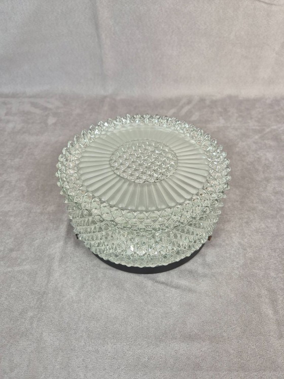 Image 1 of Vintage Mid-Century Pressed Glass Flush Mount Ceiling Light E27 19.5cm Retro Lamp