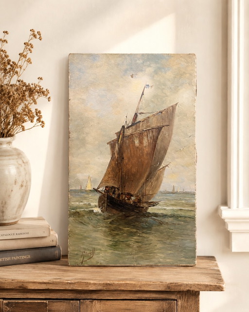 Antique French Marine Oil Painting by Aiveill, Early 20th Century – schilderijen tekeningen, Canvas