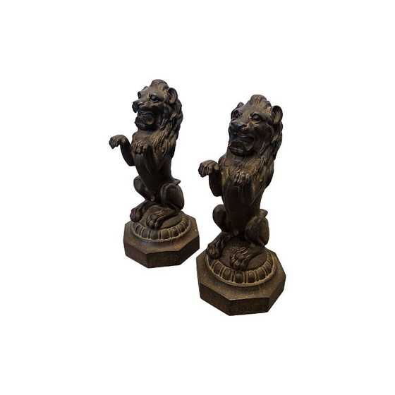Image 1 of Victorian cast-iron lions on pedestals, late 19th century