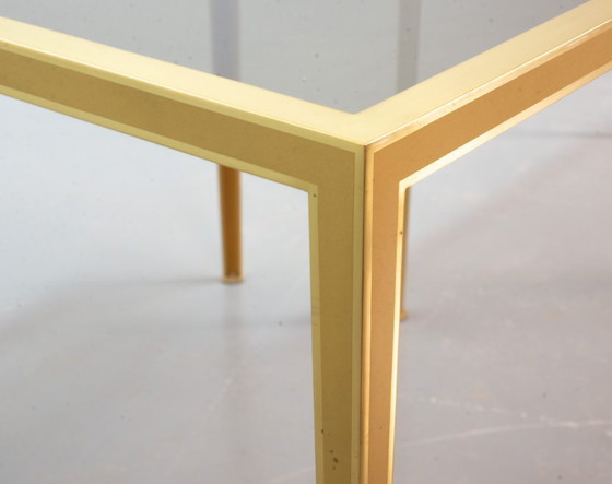 Image 1 of Elegant Hollywood Regency Minimalistic Solid Brass Side Tables with Smokey Glass Top by Vereinigte Werkstätten. Set of 2. 1970s.