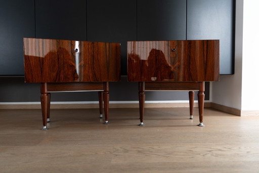Vintage mid-century nachtkastjes (2x) – Palissander & glas