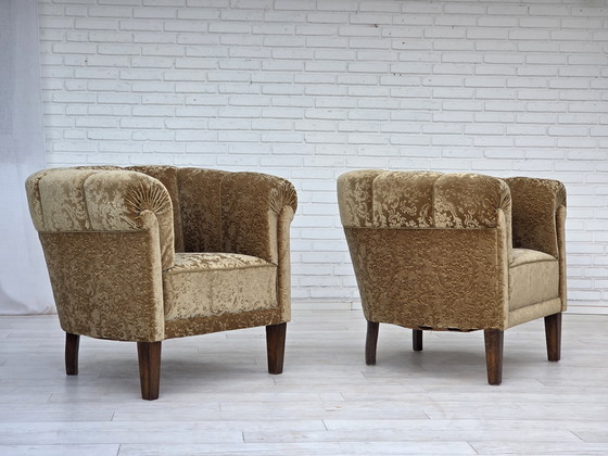 Image 1 of 1960s Danish Vintage Armchair, Green Furniture Velour, Ash Wood Legs