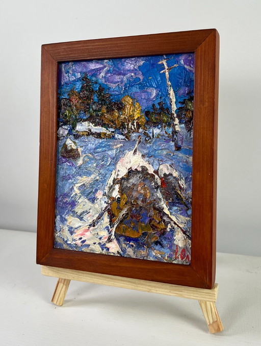Original Oil Painting Winter Field Landscape Snow enveloping the forest