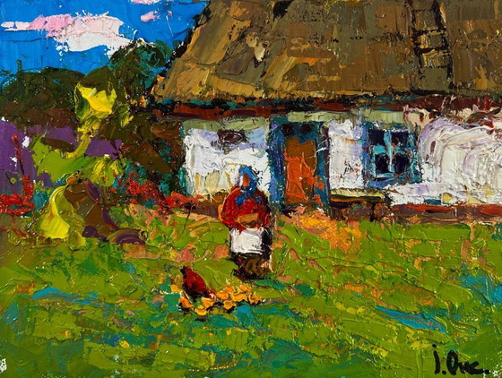 Image 1 of Original Oil Painting Summer Village Landscape Warm of wings and rustic silence