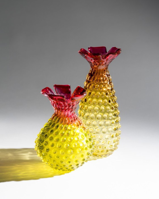 Image 1 of Frantisek Koudelka Skrdlovice Glassworks “Ananas” Raro DÚO de vidrio artístico checo