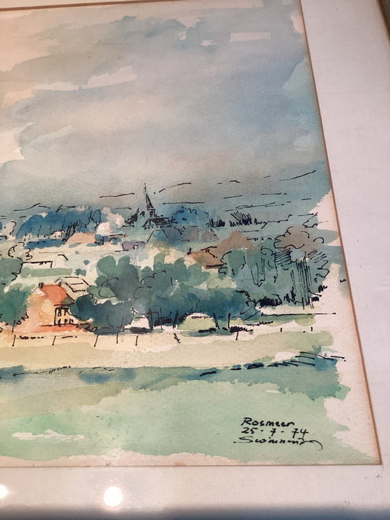 Beautiful Original Watercolor “Rosmeer” - Signed Swinnen., Art, Glass, Paper, Blue (photo 3 of 5)